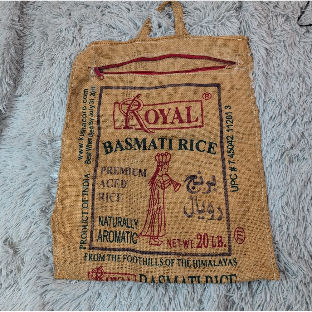 ROYAL BASMATI Rice Large Burlap Jute Zippered Bag Home Decor Rustic Farm